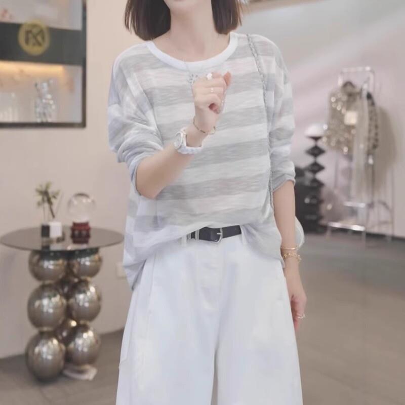 大码法式气质女士上衣女2025夏季后背交叉防晒罩衫条纹长袖空调衫