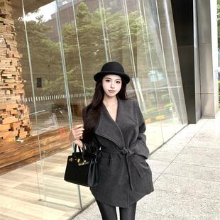 大衣风衣 气质慵懒大翻领毛呢外套收腰系带短款 港味2025秋冬季 新款