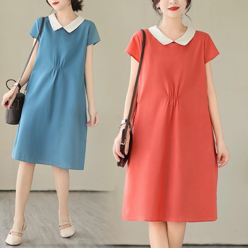 宽松文艺撞色娃娃领连衣裙短袖女裙子胖mm夏季褶皱收腰显瘦中长裙