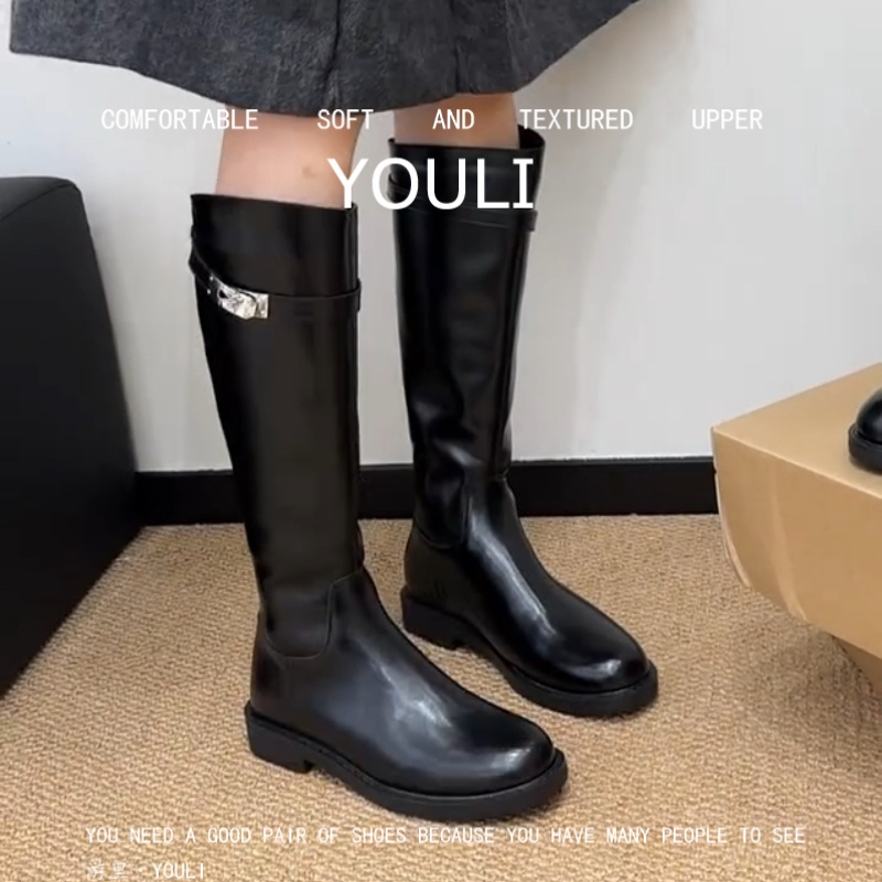 羊皮版~圆头皮带扣粗跟骑士靴女秋冬新款时尚显瘦后拉链高筒靴