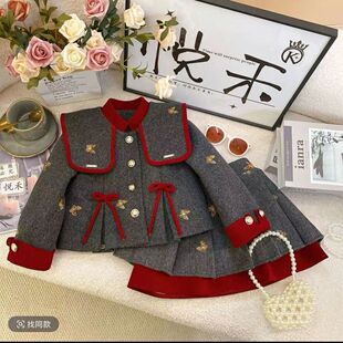 时尚 加厚新款 洋气蝴蝶结夹棉大翻领外套百褶裙两件套 冬季 女童套装