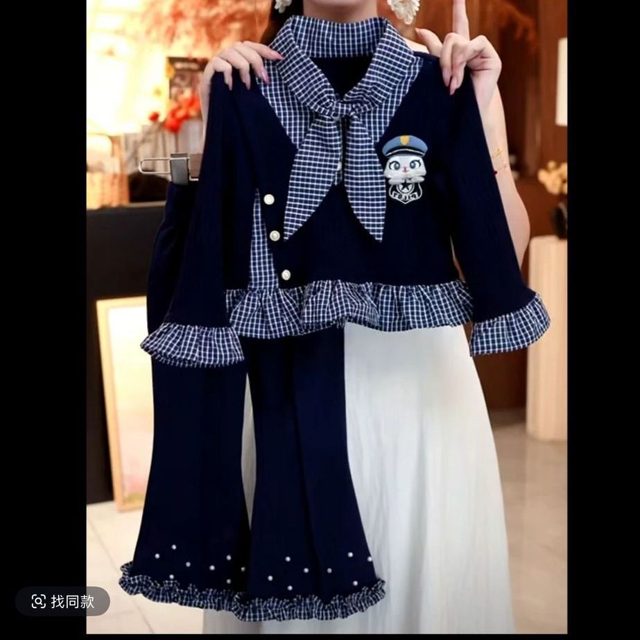 女童秋季格子拼接套装翻领蝴蝶结假两件上衣喇叭裤洋气时尚两件套