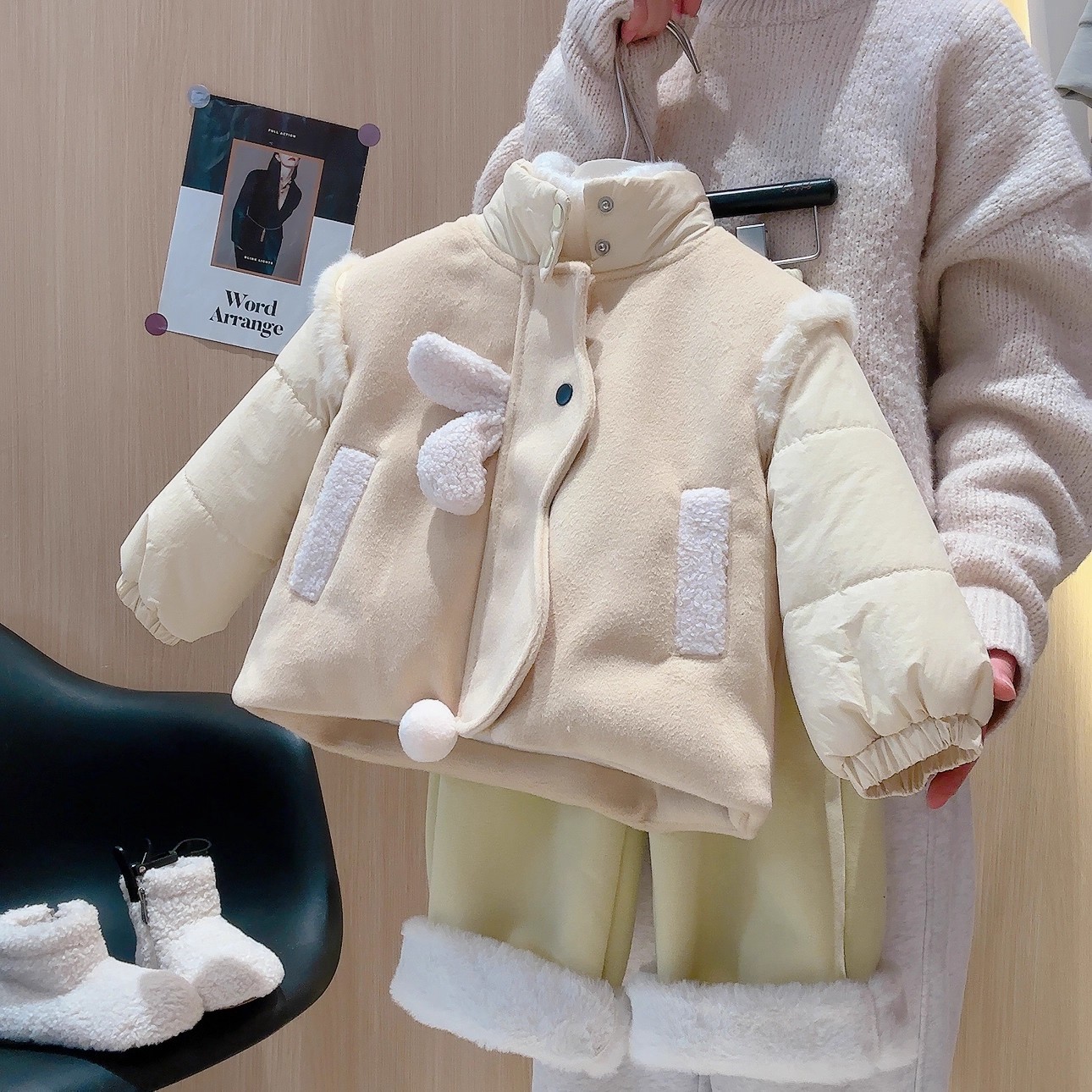 女童加绒加厚棉服冬装新款洋气甜美兔耳朵女宝宝时髦保暖可爱外套