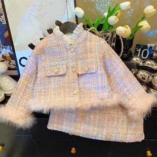 女童套装冬季加厚2025新款洋气小香风加绒外套半身裙小女孩两件套