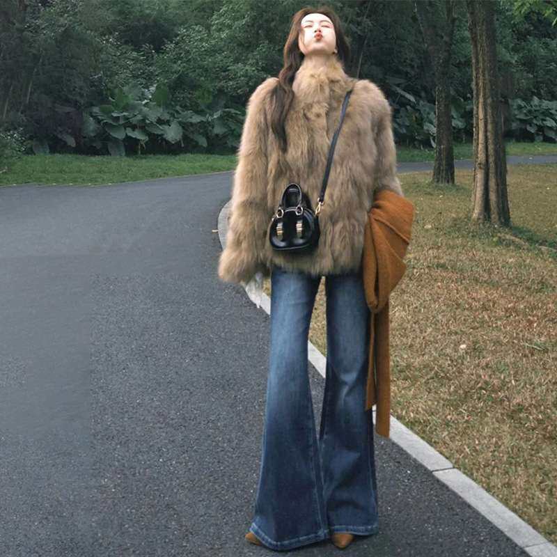 加绒加厚微喇牛仔裤女 新款高腰显瘦不贴腿小个子喇叭裤复古蓝