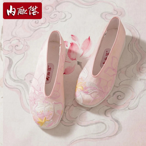 内联升布鞋女手工千层底绣花汉服穿搭桃花小元口真丝春秋8646A