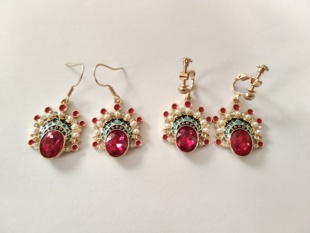 气质刀马旦脸谱耳环学生女红色新潮耳饰品无耳洞耳夹彩釉镶钻g30