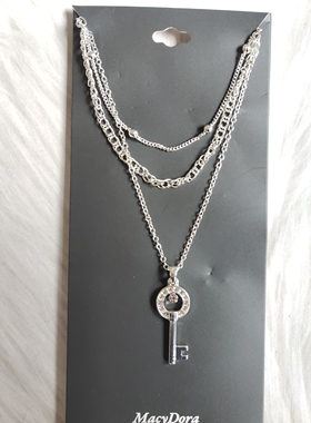 气质多层银色项链锁骨链欧美时尚百搭学生女式项饰镶钻钥匙坠V31