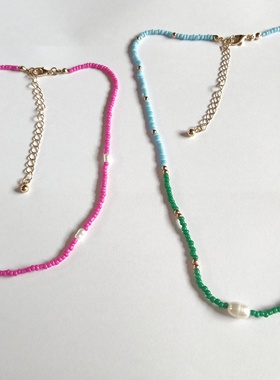 气质简约百搭彩色米珠项链女 时尚欧美风个性锁骨链颈链短款潮V22