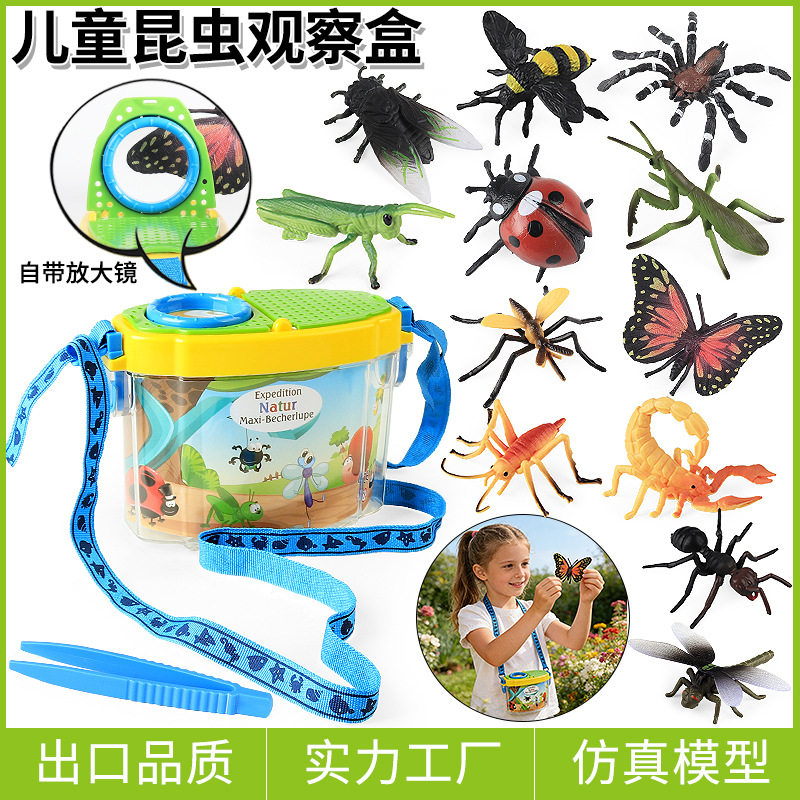 跨境昆虫动物观察盒玩具儿童认知仿真模型套装软塑胶蝴蝶螳螂蜜蜂