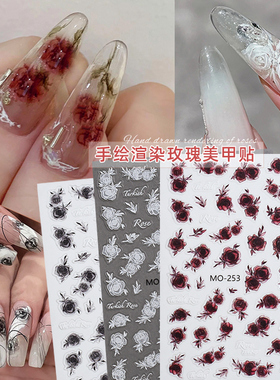 手绘玫瑰花美甲贴纸浮雕立体哥特风黑白色半透血红玫瑰花朵指甲贴