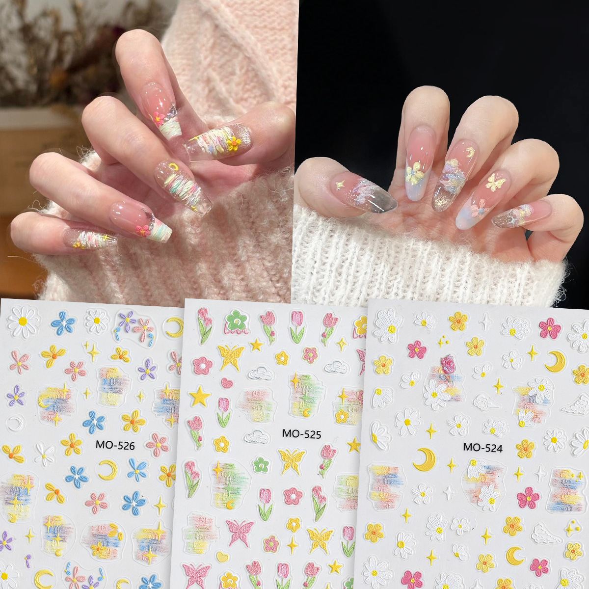 莫奈油画小花美甲贴纸浮雕