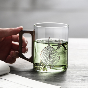 高档绿茶杯胡桃木把手带盖耐高温玻璃办公室喝水杯一叶菩提玻璃杯