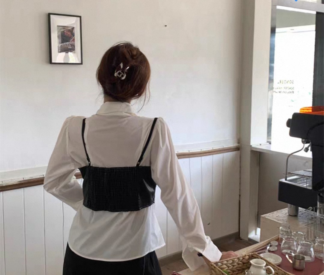 两件套立体剪裁廓形纯棉衬衫白色女大码胖不规则叠穿皮吊带背心