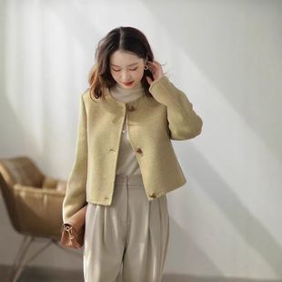 秋冬季新款韩系双面羊绒大衣女短款正肩圆领小个子高端毛呢子外套