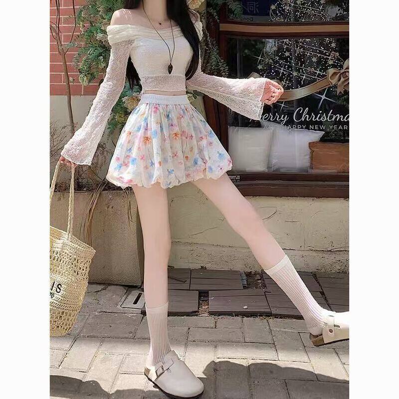 彩色冰丝花苞短裙女夏季新款高腰显瘦a字裙法式碎花蓬蓬半身裙裤