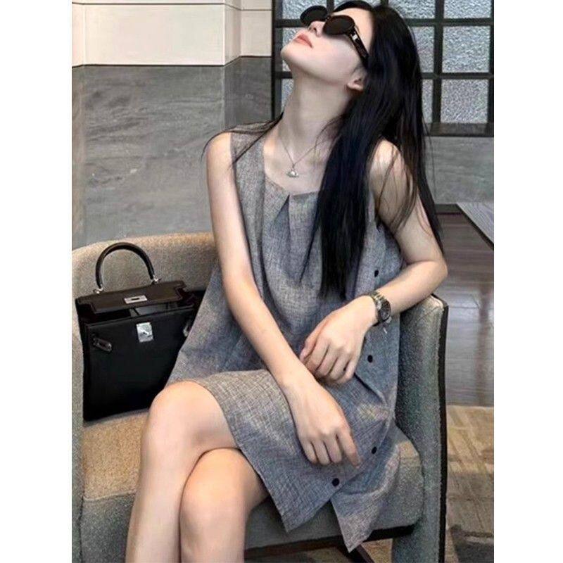 设计感小众灰色无袖背心连衣裙女夏季宽松显瘦法式A字裙子