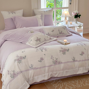 高端紫刺绣珊瑚绒四件套秋冬保暖双面牛奶绒床上用品加厚床单被套