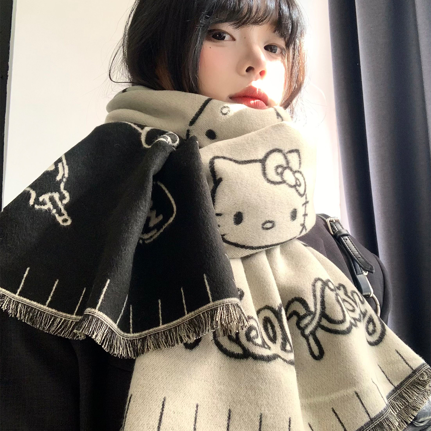 HelloKitty双面围巾女秋冬季韩系高级感加厚保暖防寒护颈围脖披肩