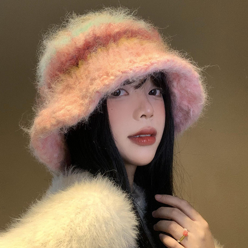 多巴胺彩色拼色针织渔夫帽显脸小