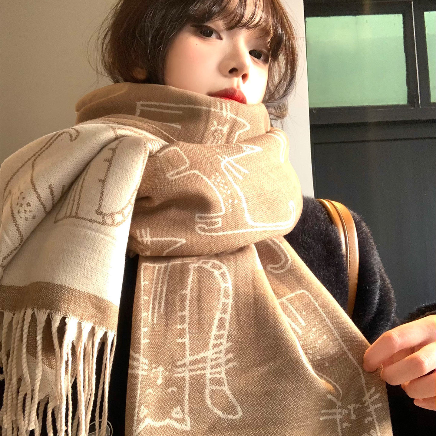 可爱猫咪双面围巾女冬季2025新款