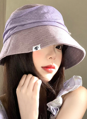 紫色泡泡纱渔夫帽子女2026新款大帽檐遮阳防晒帽大头围显脸小帽子