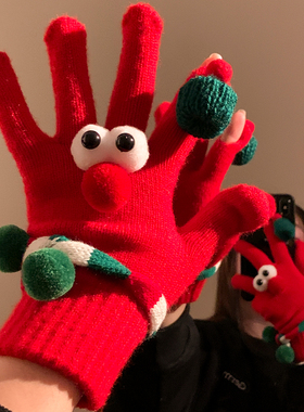 可爱圣诞红色露指触屏毛线针织五指手套女冬季新年保暖防寒骑行车