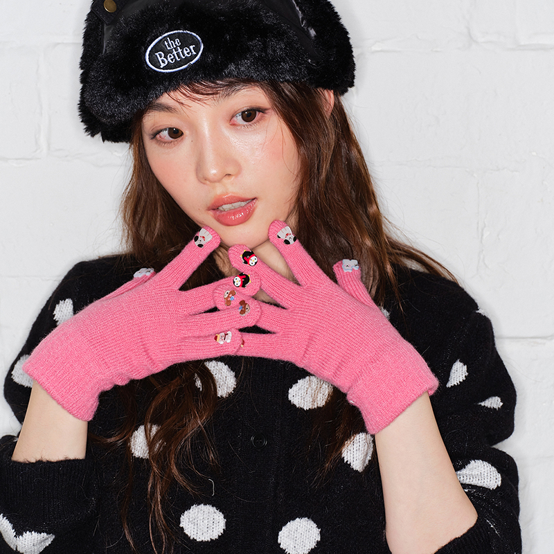 卡通可爱美甲针织手套女冬季触屏