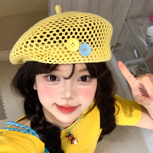 纽扣镂空编织贝雷帽女夏季薄款