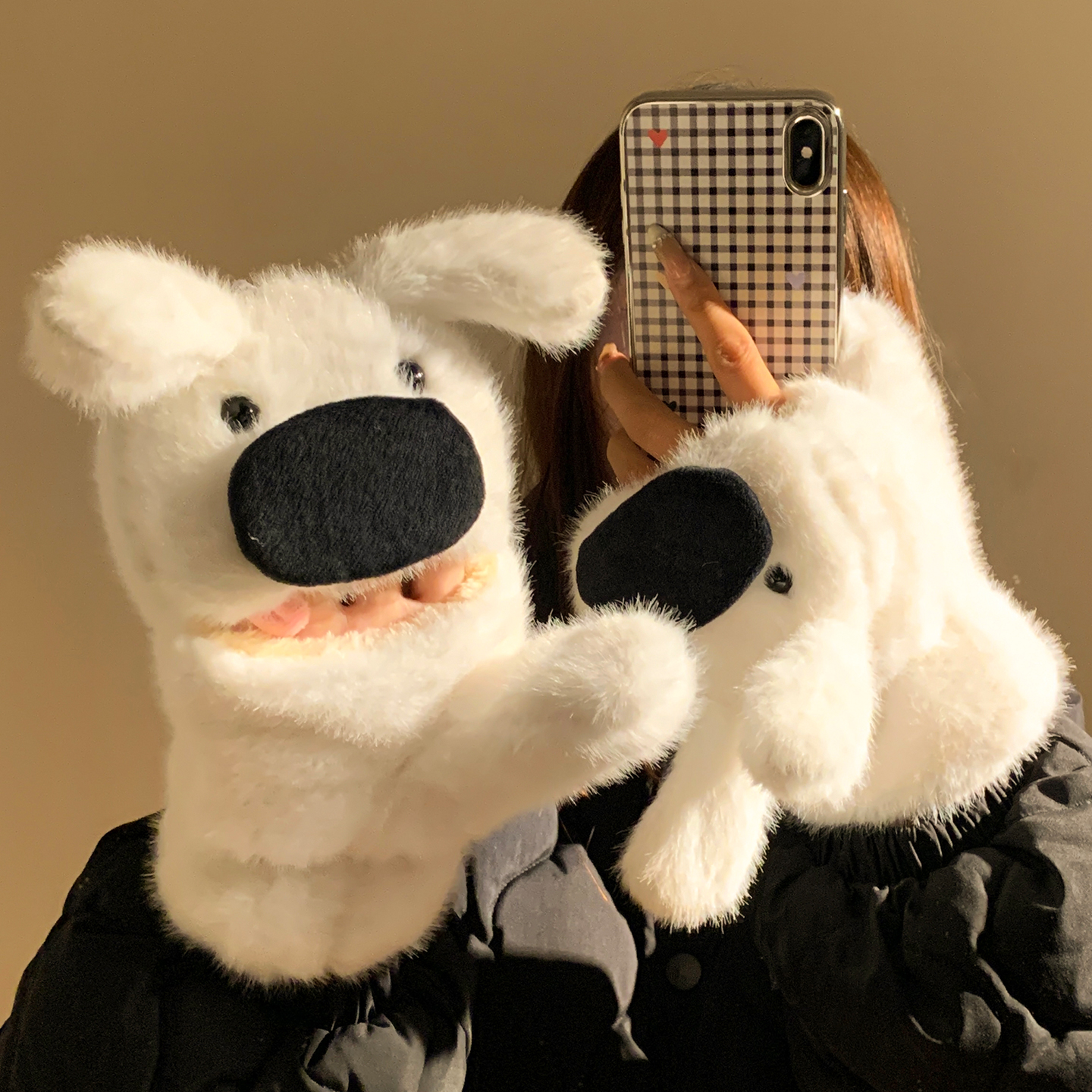 可爱毛绒小狗翻盖半指手套女冬季