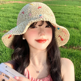 彩色镂空草帽女夏海边沙滩度假遮阳防晒草编渔夫帽可折叠太阳帽子