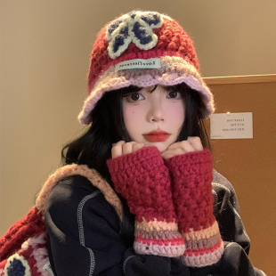 花朵撞色针织毛线渔夫帽女秋冬蝴蝶结手提包盆帽防寒保暖手套帽子