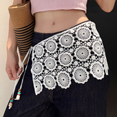 白色镂空蕾丝屁帘子女春夏季 韩系复古钩花三角巾叠穿裙帘针织丝巾