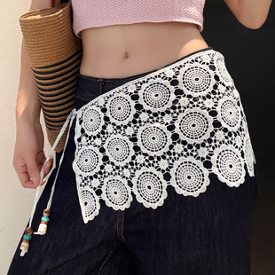 白色镂空蕾丝屁帘子女春夏季 韩系复古钩花三角巾叠穿裙帘针织丝巾