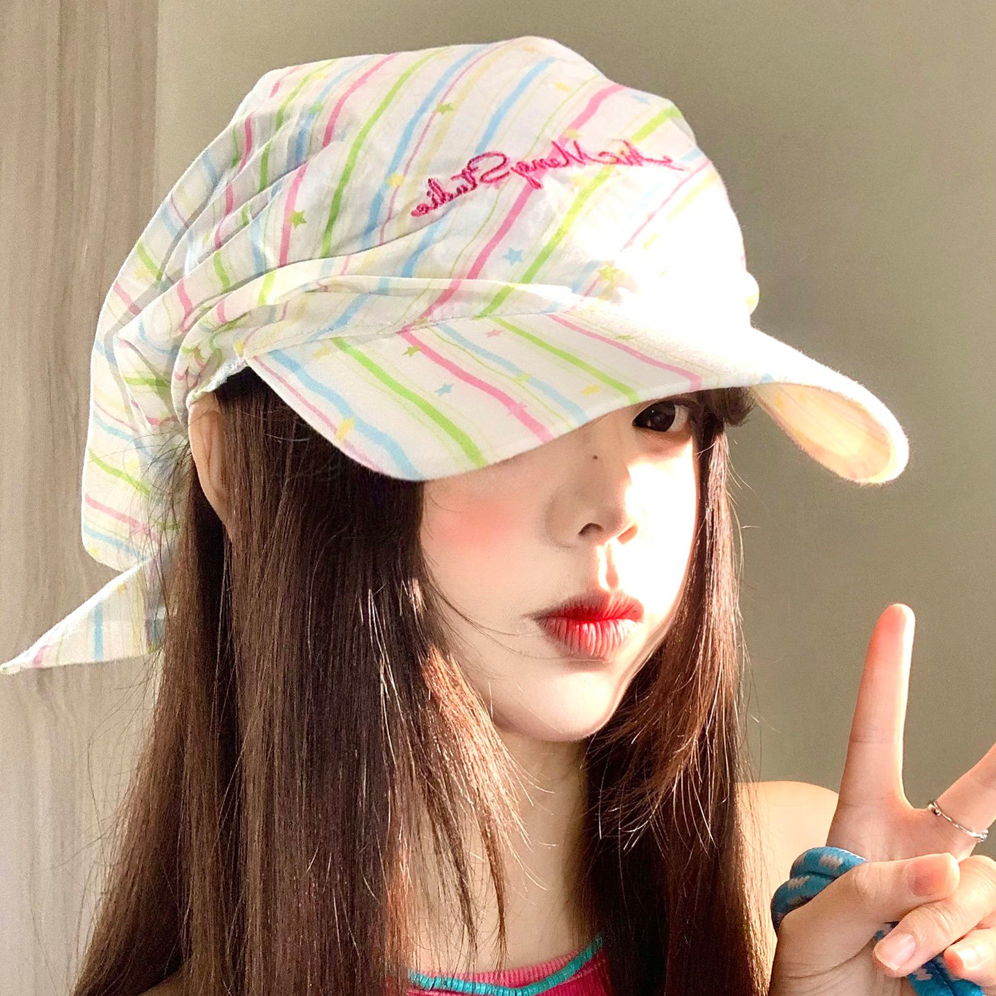 彩色条纹绑带头巾帽子女夏季户外遮阳防晒小众个性显脸小鸭舌帽子