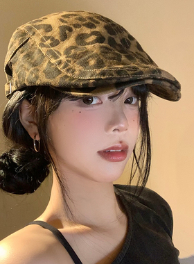 美式复古辣妹豹纹前进帽女春小众y2k大头围贝雷帽百搭显脸小帽子