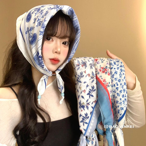 田园风碎花系脖丝巾女春季法式
