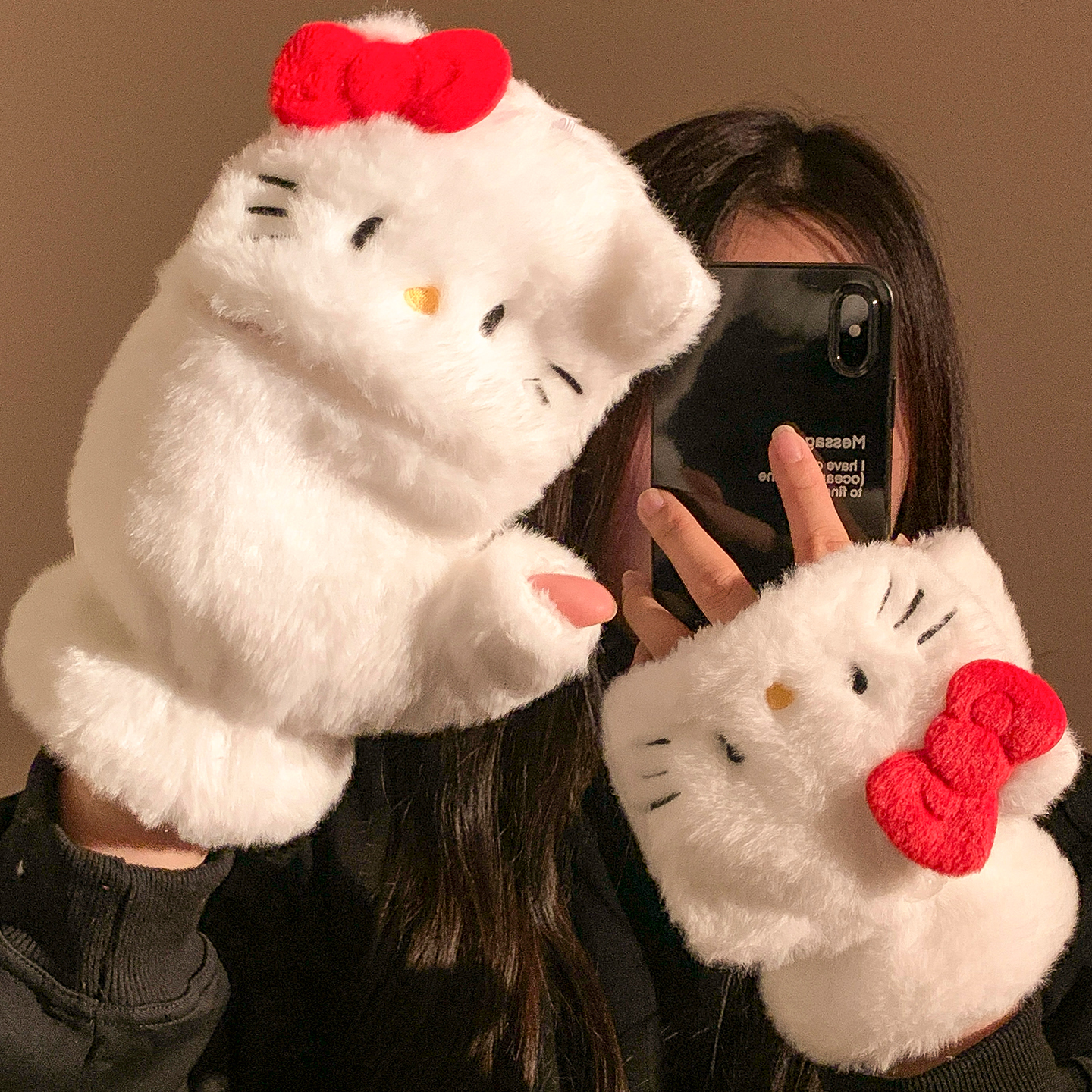 可爱Kitty猫咪翻盖半指毛绒手套