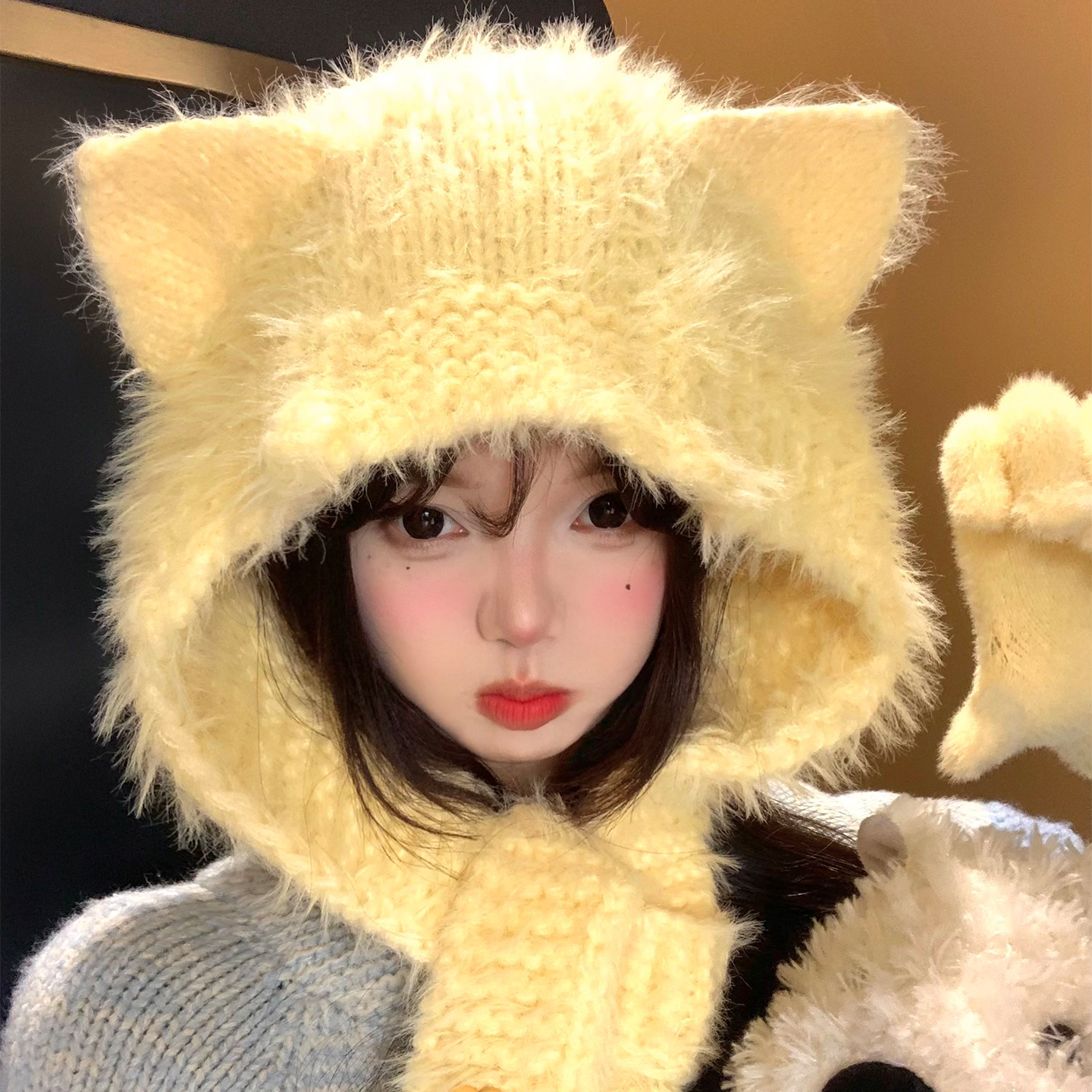 可爱猫耳朵毛绒针织帽子围巾一体