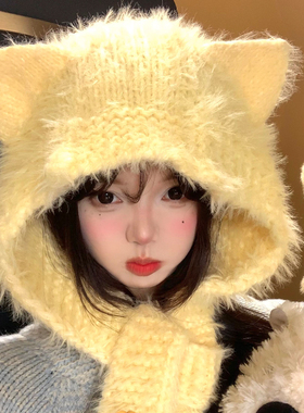 可爱黄色猫耳朵毛绒针织帽子围巾一体女冬季保暖防寒护耳雷锋帽子