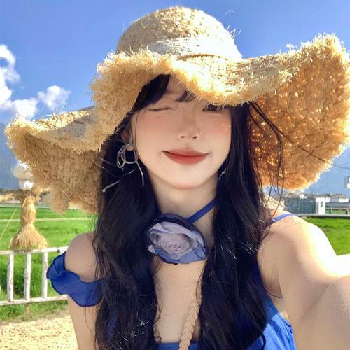 蕾丝蝴蝶结拉菲草帽女夏海边沙滩