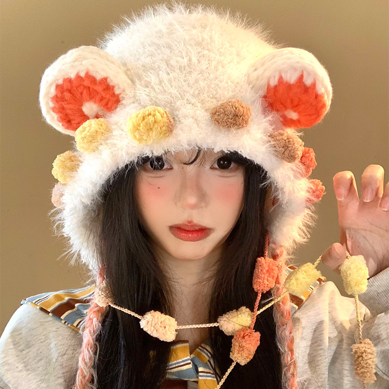 流苏小熊耳朵毛绒针织护耳帽女冬