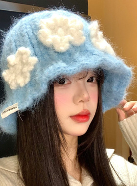 立体花朵蓝色针织渔夫帽女秋冬季