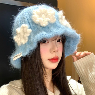 立体花朵蓝色针织渔夫帽女冬季显脸小百搭毛线帽大头围保暖盆帽子