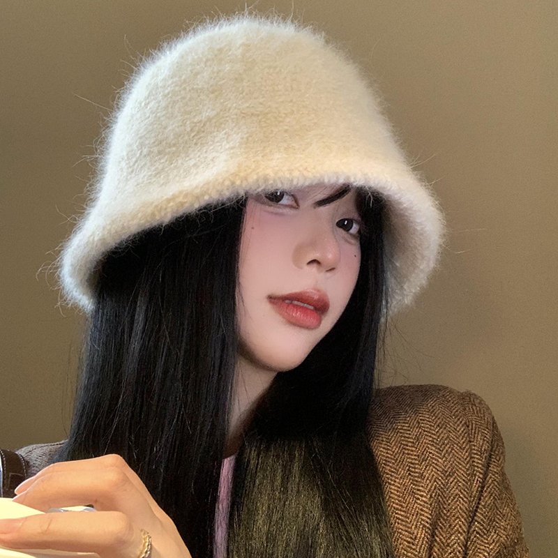 白色毛绒渔夫帽日系百搭水桶帽
