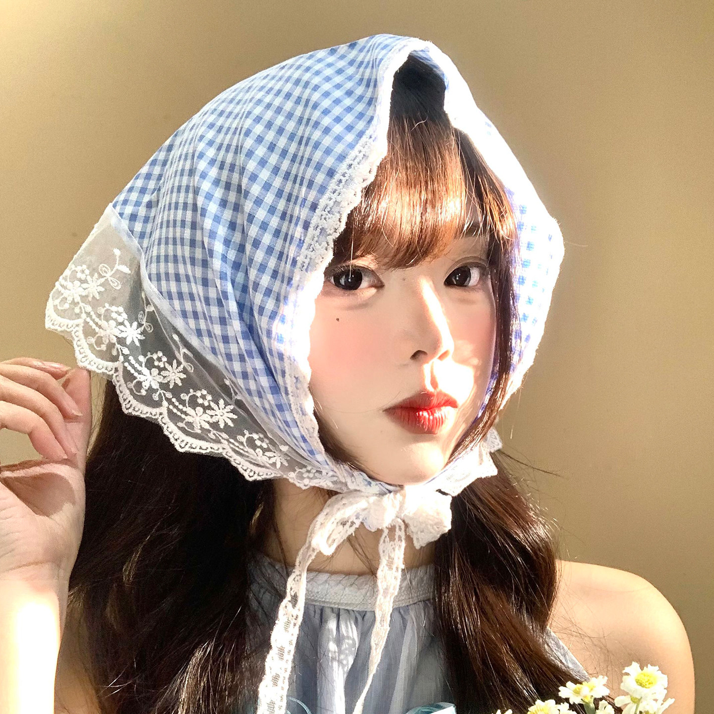 格子蕾丝边包头丝巾女春夏田园风三角巾头巾海边拍照度假绑发发带