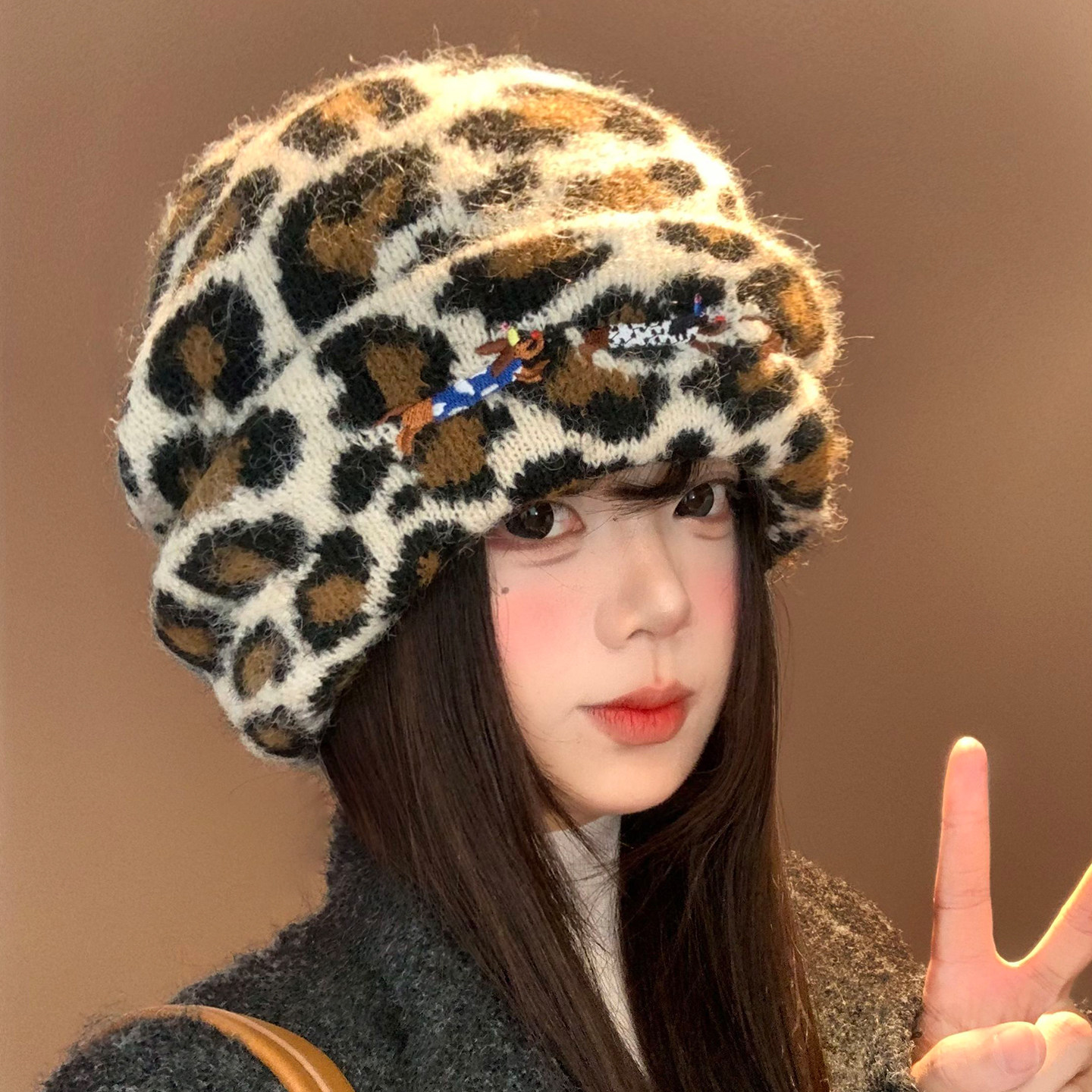 腊肠狗豹纹针织帽女秋冬复古显脸小毛线帽大头围保暖护耳包头帽子