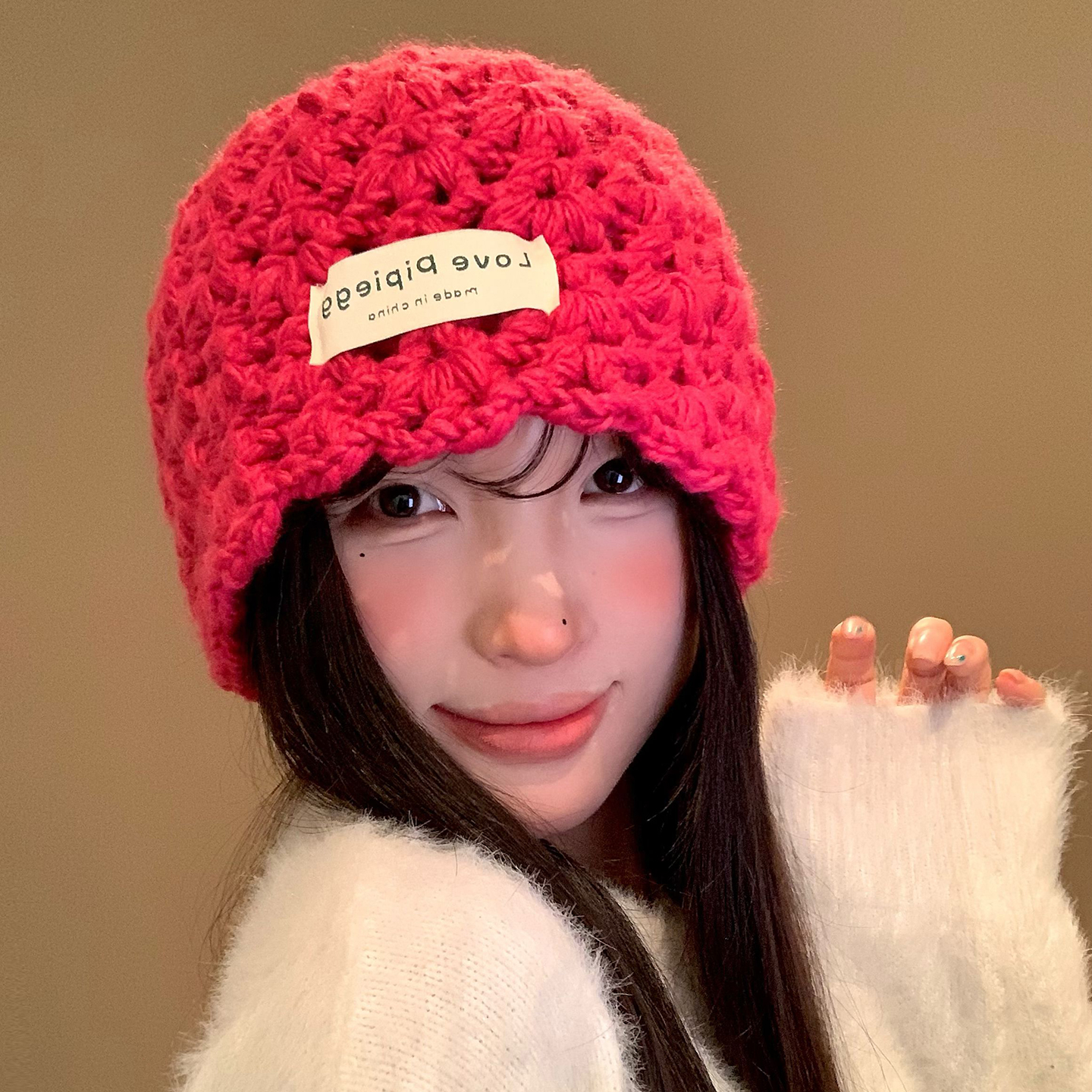 玫红色镂空针织帽韩版百搭大头围