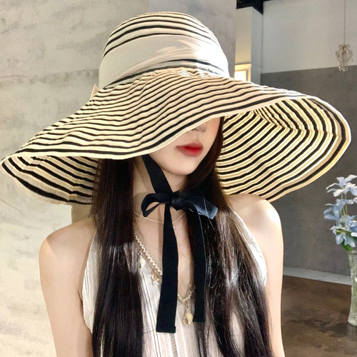 超大帽檐条纹渔夫帽子女夏季户外
