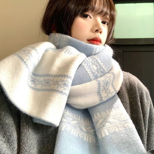 蓝色费尔岛风提花双面针织围巾女